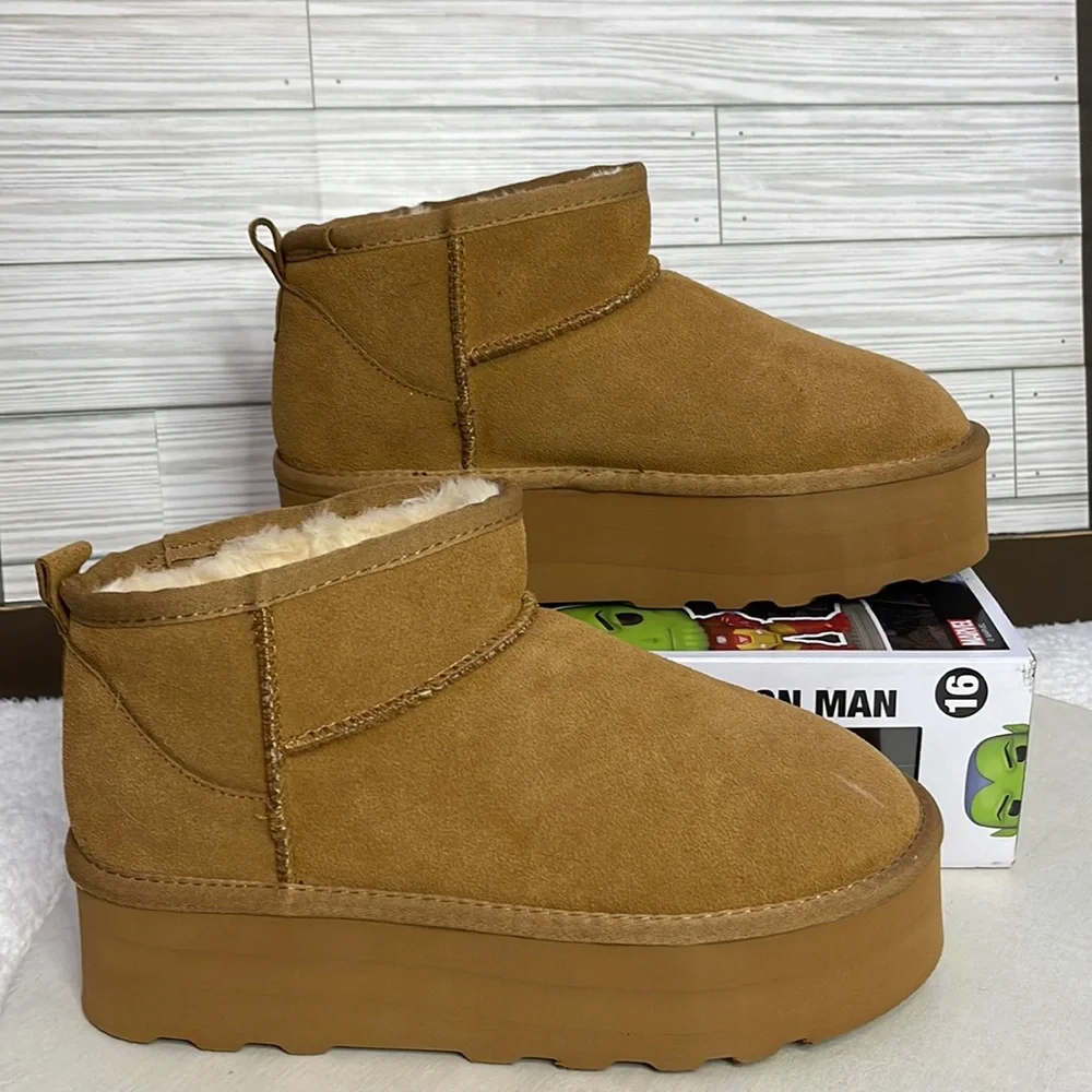 Brown Platform Mini Boot Short Ankle Fur Fleece Ultra Platform Anti-Slip…